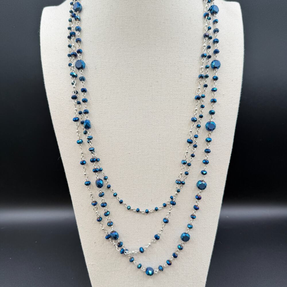 Blue Faceted Bead Multi Strand Necklace Silver Tone Layered Statement Y2K Gift